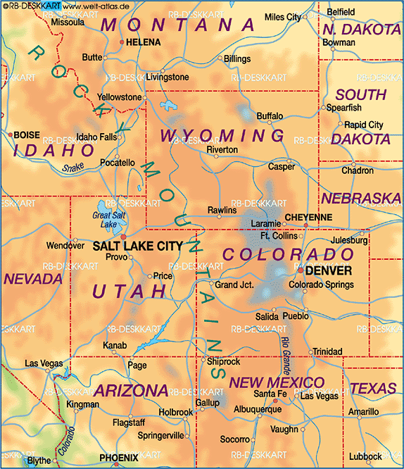 Karte von Rocky Mountains (Region in Vereinigte Staaten)