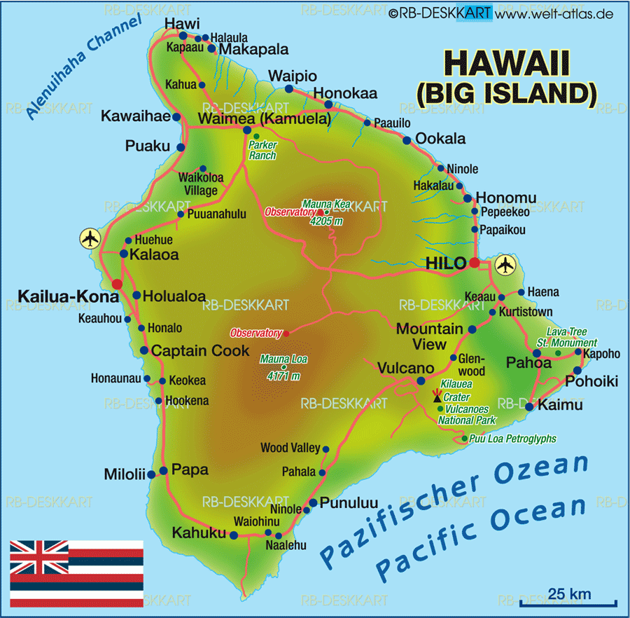 Map of Hawaii (Big Island) (Island in United States, USA)