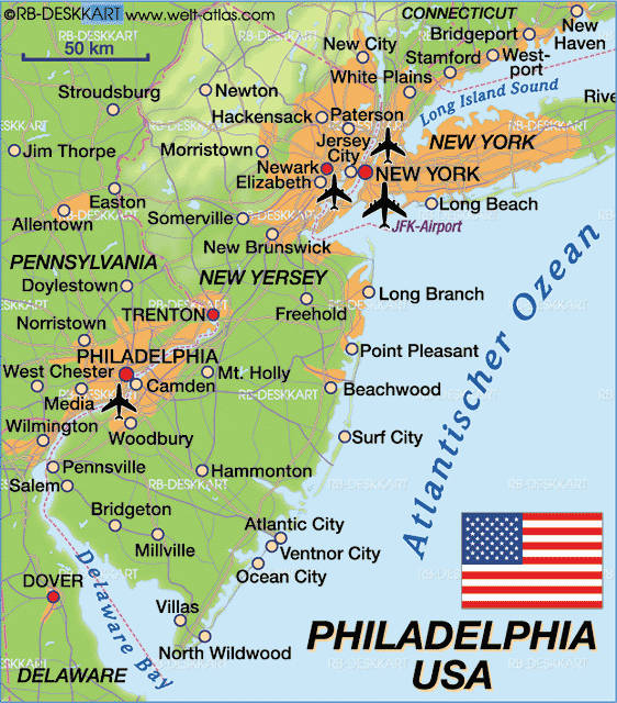 Karte von Philadelphia (Region in Vereinigte Staaten, USA)