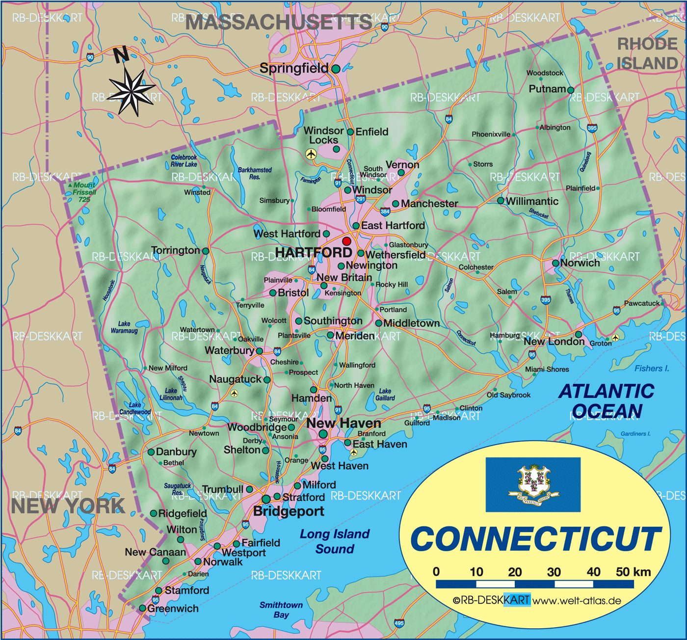 Karte von Connecticut (Bundesland / Provinz in Vereinigte Staaten, USA)