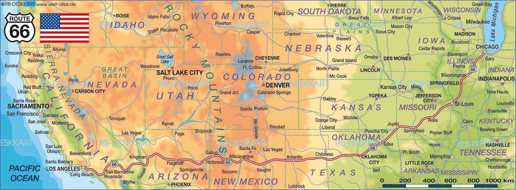 Map of Route 66 (Region in United States, USA)