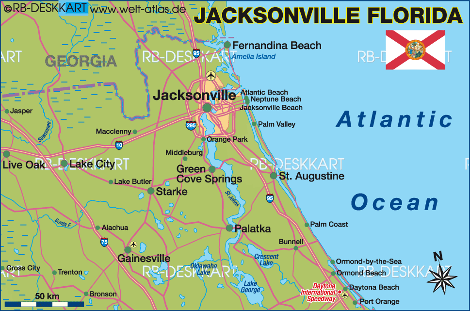 Map of Jacksonville, region (Region in United States of America, USA - Florida)