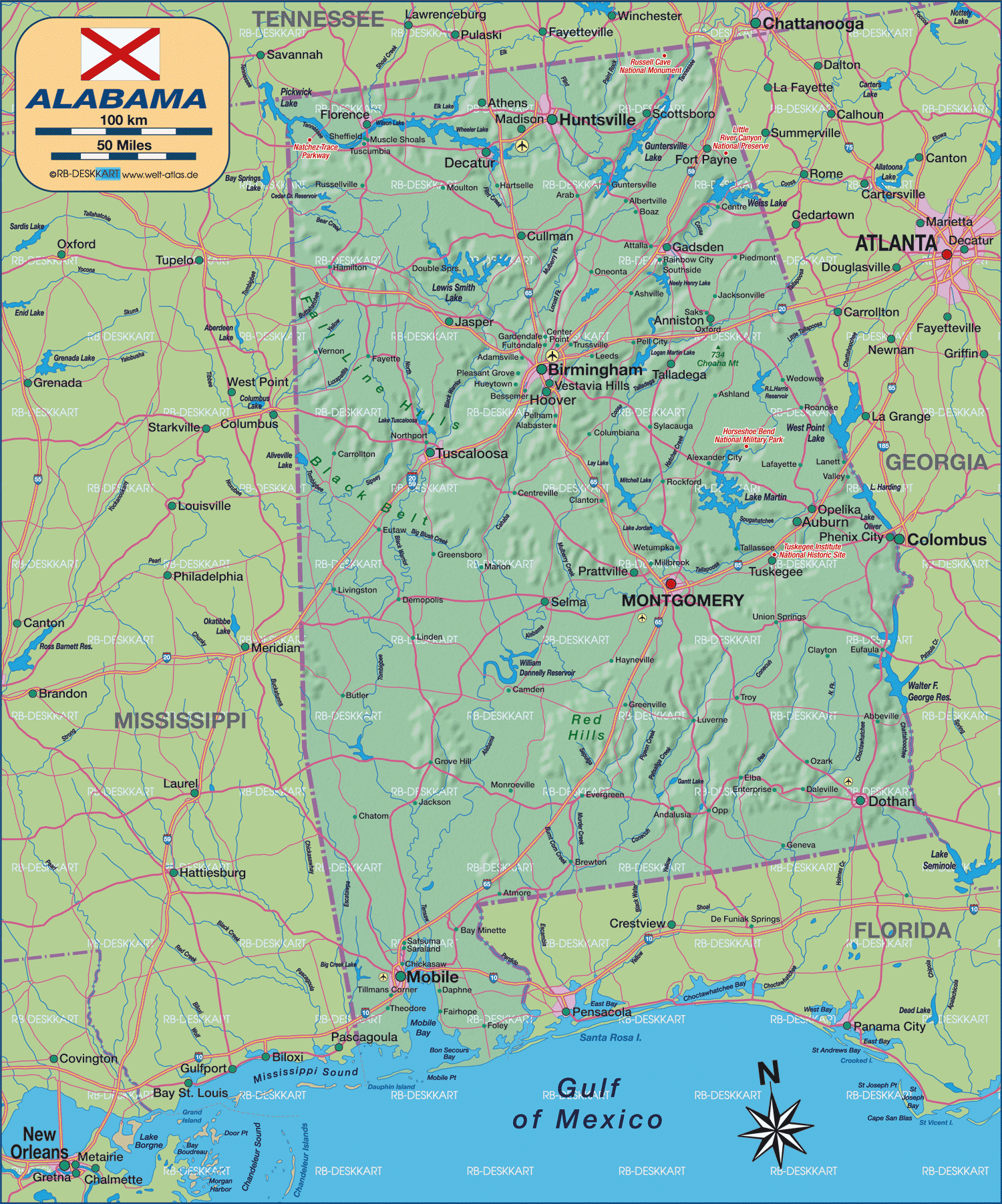 Karte von Alabama (Bundesland / Provinz in Vereinigte Staaten, USA)