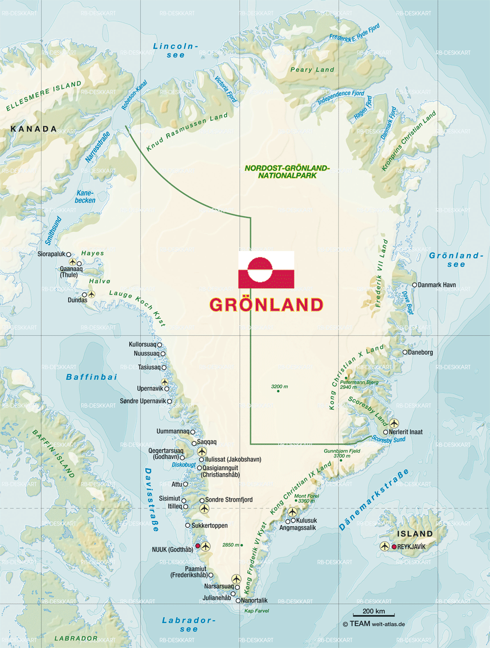 Karte von Grönland (Insel in Dänemark)