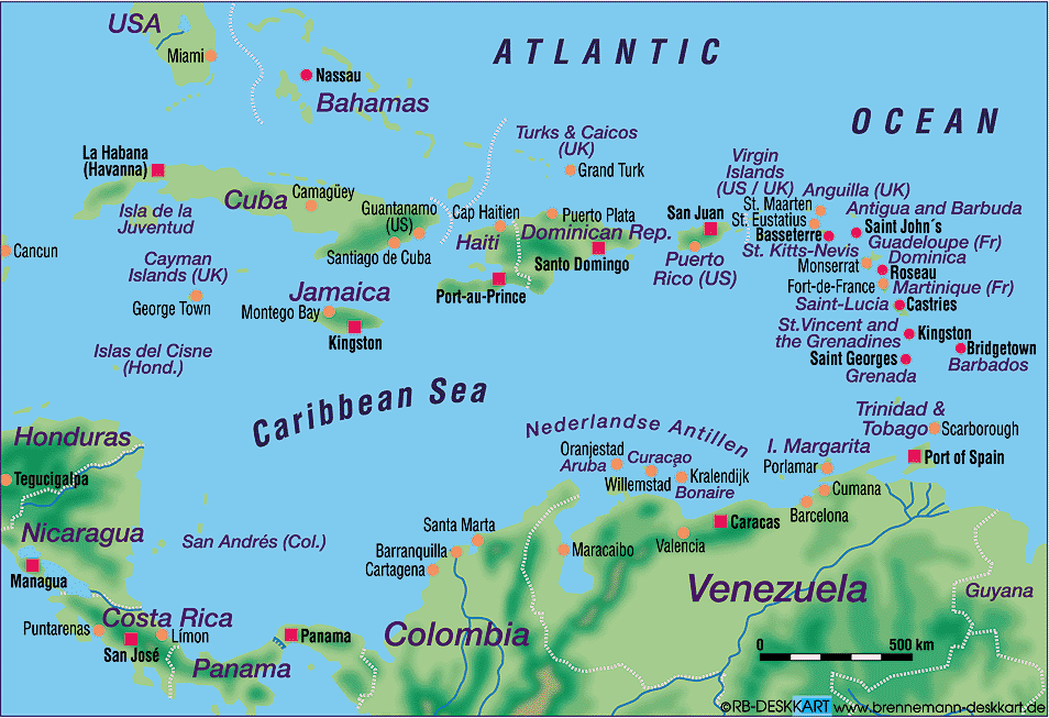 Karte von Karibik (Region in mehrere Länder)