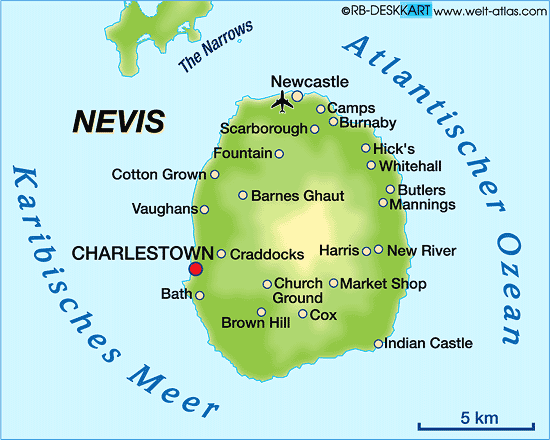 Karte von Nevis (Insel in St. Kitts und Nevis)