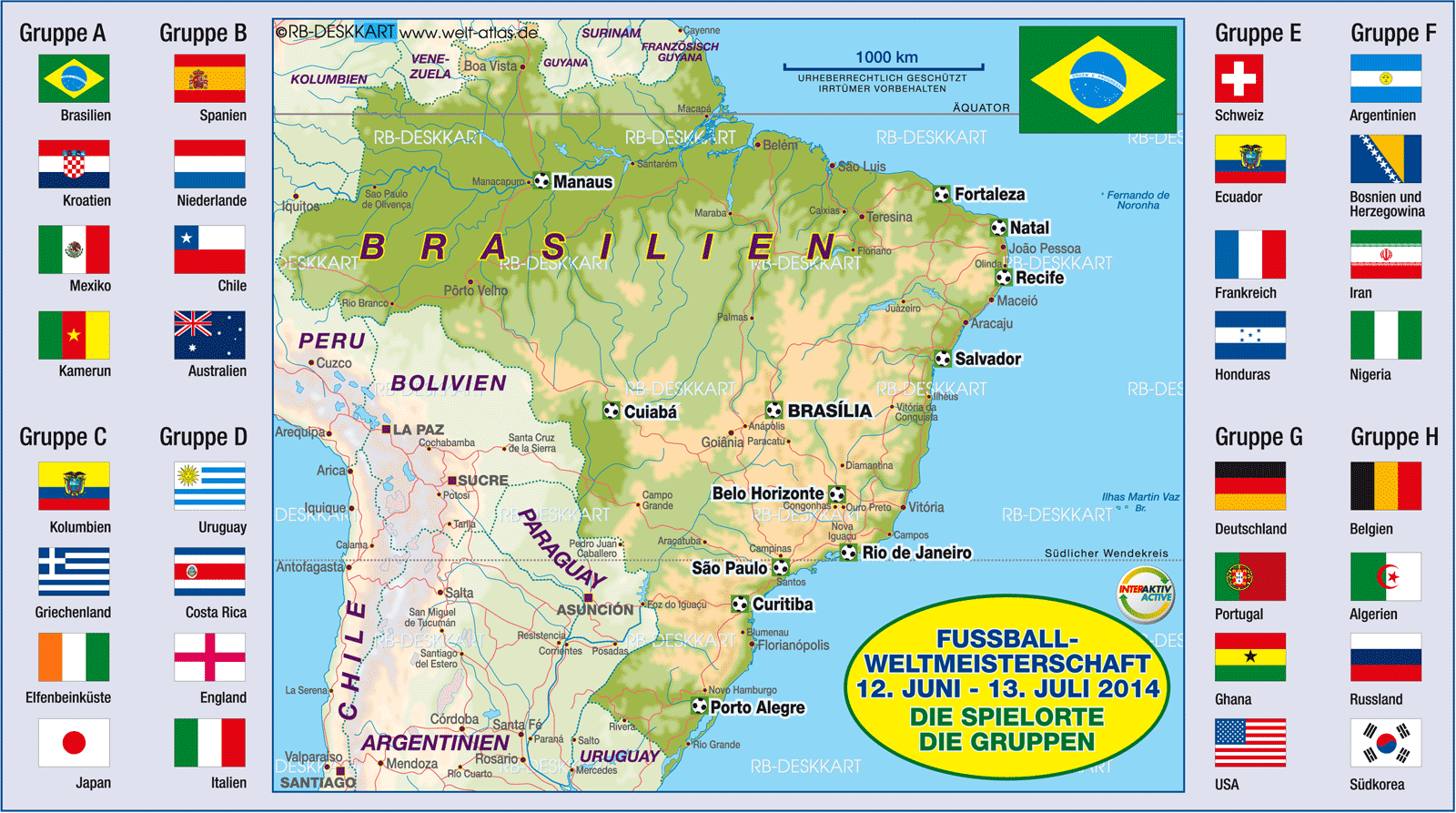 Karte von Brasilien Fussball WM 2014 Spielorte (Themenkarte)