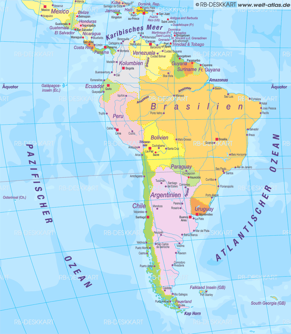 Map of South America, politically (Region in several states)